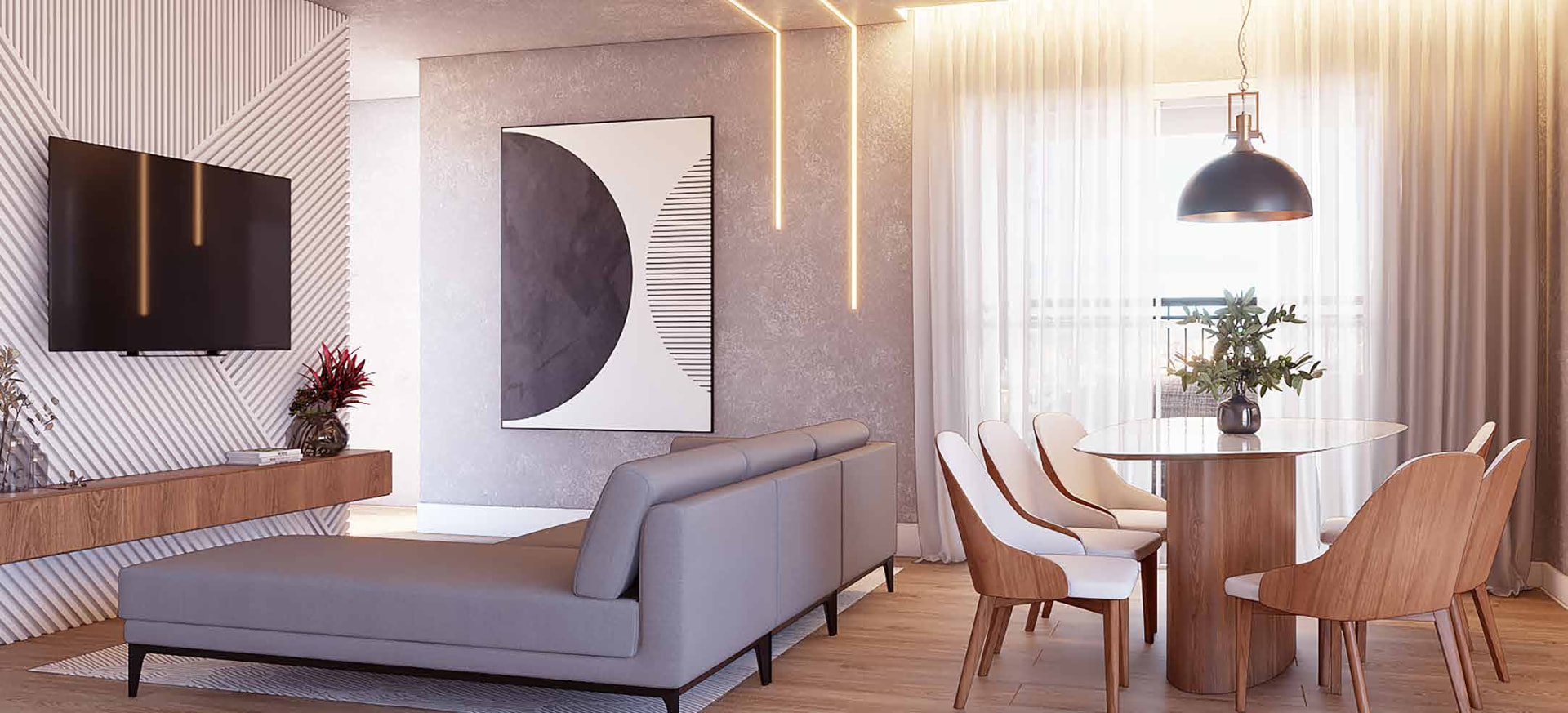 Living integrado do apartamento de 69 m² do Villa Pompeia
