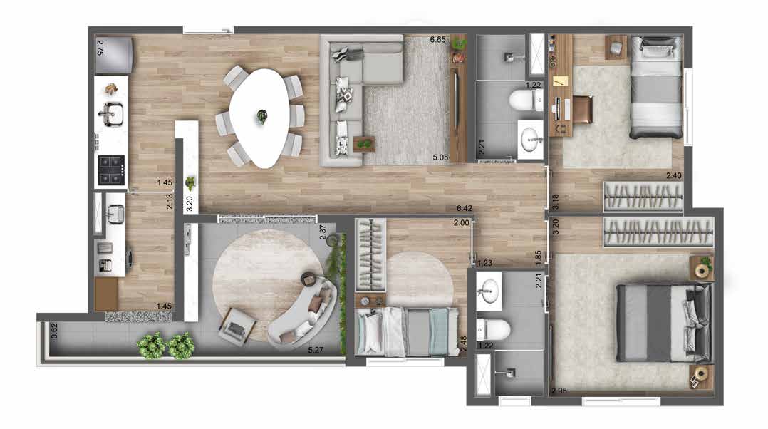Planta de 69 m² com 3 dormitórios, suíte, terraço e vaga